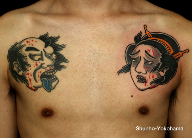 胸,生首,抜き,ワンポイント,カラータトゥー/刺青デザイン画像