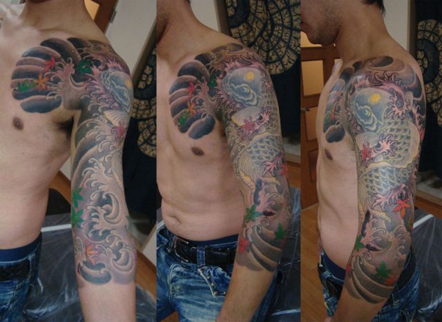 鯉,七分袖,太鼓,紅葉タトゥー/刺青デザイン画像