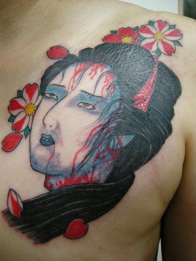 胸,男性,生首,桜,花,カラータトゥー/刺青デザイン画像