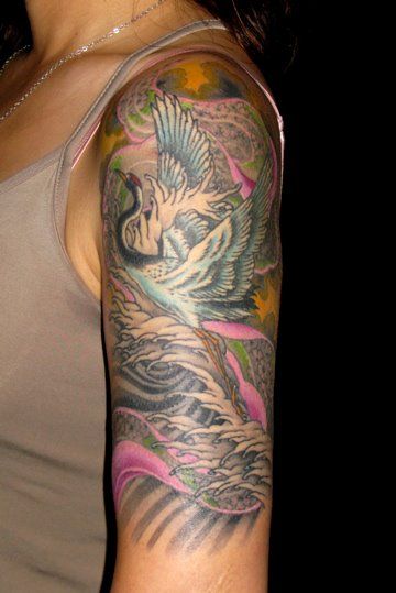 腕,鶴,桜,花タトゥー/刺青デザイン画像
