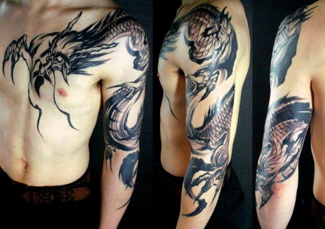 腕,胸,龍,ブラック＆グレイ,ブラック＆グレータトゥー/刺青デザイン画像