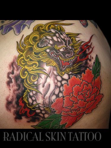 唐獅子,牡丹タトゥー/刺青デザイン画像