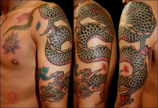 腕,胸,龍,桜タトゥー/刺青デザイン画像