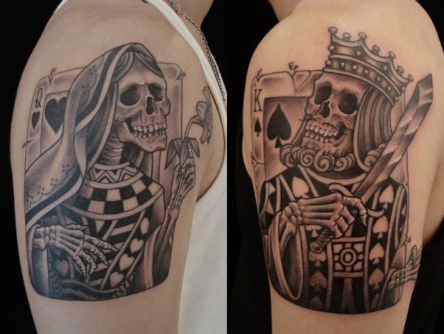 肩,キング,クイーン,ブラック＆グレータトゥー/刺青デザイン画像