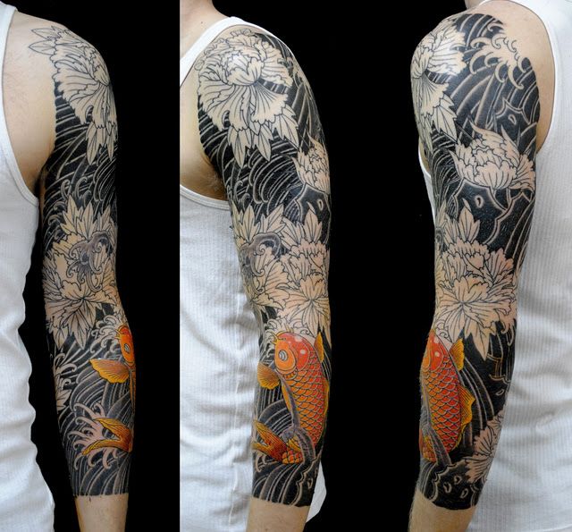 七分袖,鯉,牡丹,花タトゥー/刺青デザイン画像