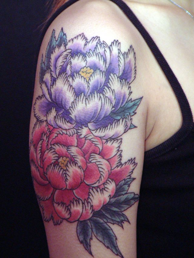 腕,女性,牡丹,花,植物タトゥー/刺青デザイン画像