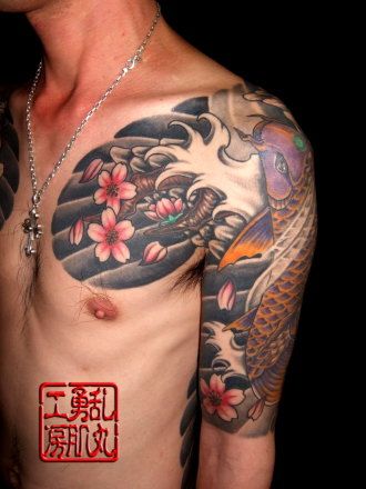 鯉,腕,桜,太鼓,五分袖,花タトゥー/刺青デザイン画像