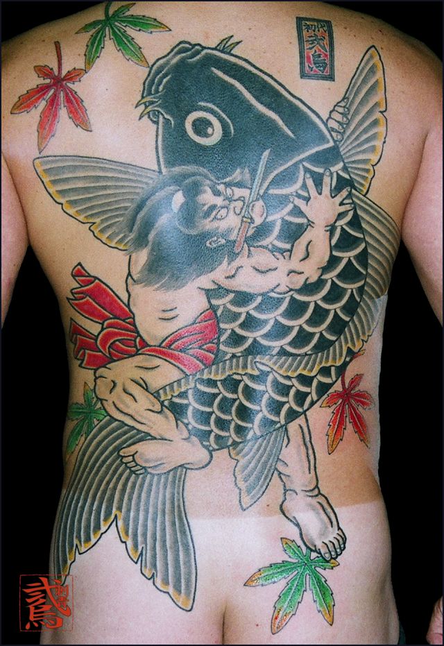 背中,金太郎,抱き鯉タトゥー/刺青デザイン画像