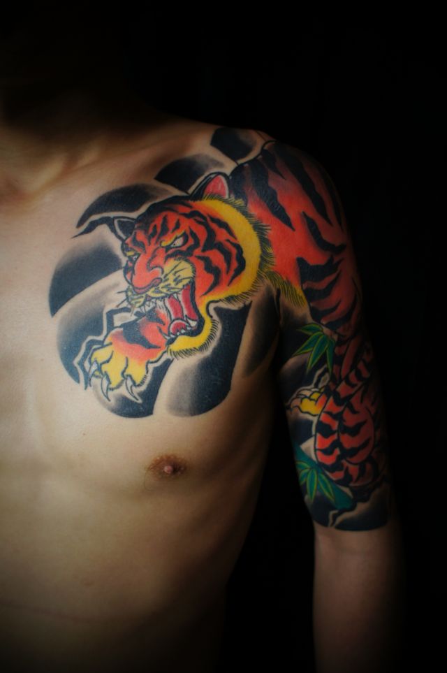虎,竹,五分袖タトゥー/刺青デザイン画像