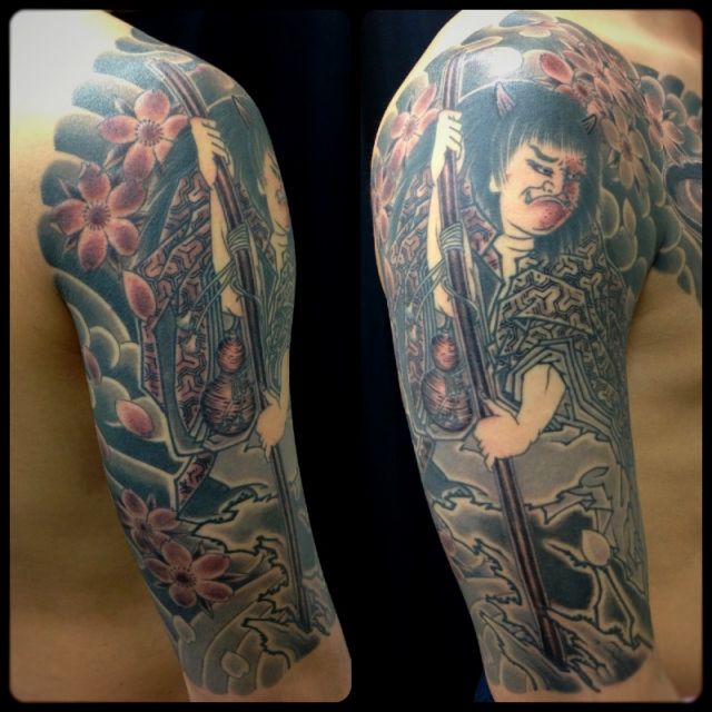 人物,桜,太鼓,五分袖タトゥー/刺青デザイン画像