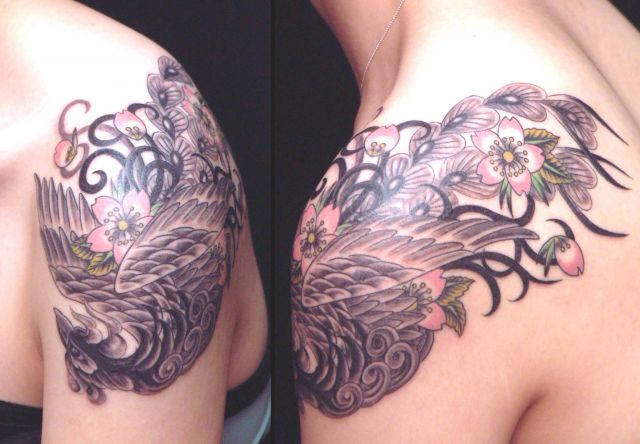 腕,背中,鳳凰,桜タトゥー/刺青デザイン画像
