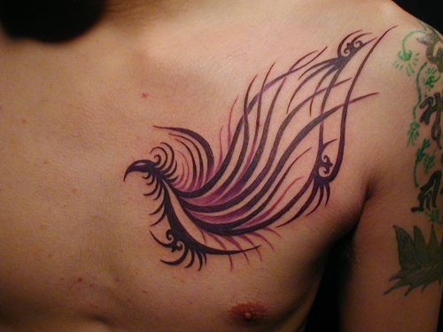 胸,鳳凰,トライバルタトゥー/刺青デザイン画像