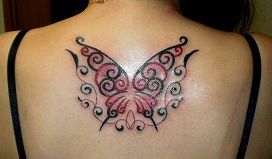 女性,蝶,トライバル,背中タトゥー/刺青デザイン画像
