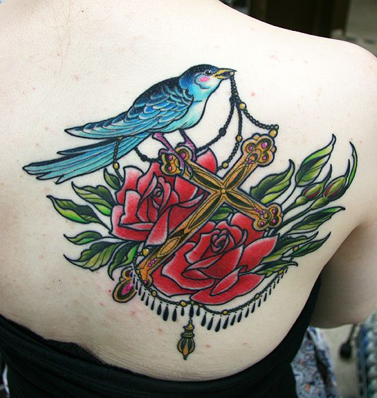 背中,鳥,カラータトゥー/刺青デザイン画像
