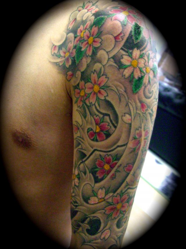 桜,五分袖,花タトゥー/刺青デザイン画像