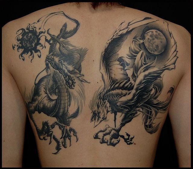 背中,麒麟,鳳凰,太陽,満月,ブラック＆グレータトゥー/刺青デザイン画像