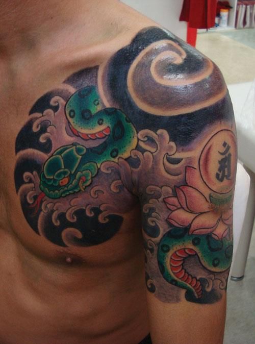 腕,太鼓,梵字,蛇,カラータトゥー/刺青デザイン画像