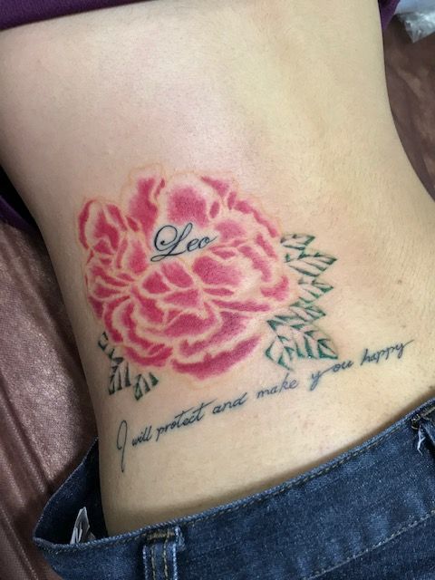 背中,腰,女性,牡丹,ワンポイント,花,カラー,カラフルタトゥー/刺青デザイン画像