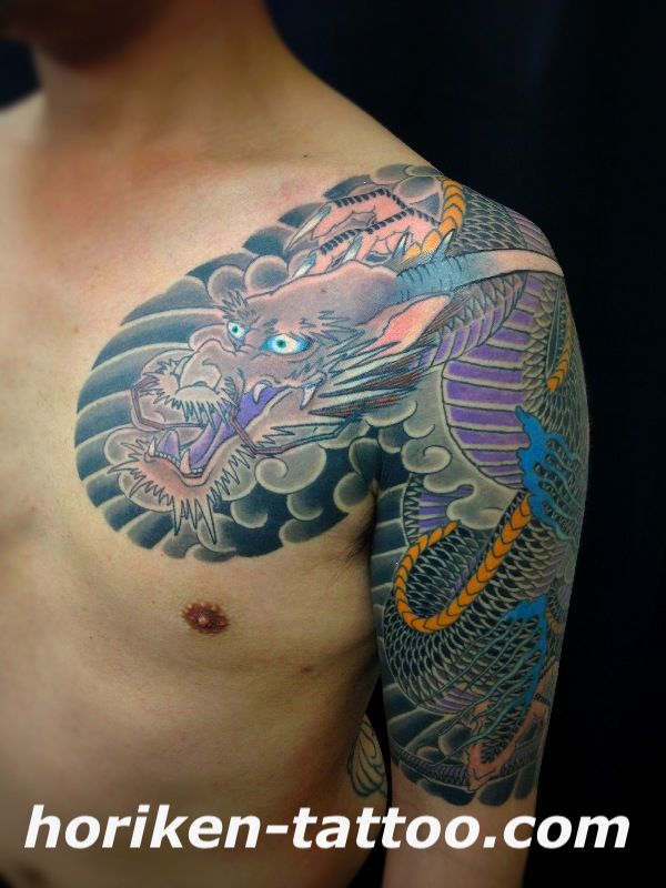 龍,太鼓,五分袖,カラータトゥー/刺青デザイン画像