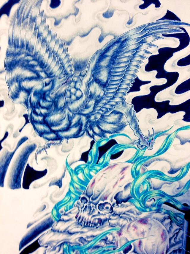 腕,スカル,鳥,ドクロ,髑髏,カラータトゥー/刺青デザイン画像