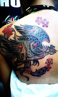背中,女性,鳳凰,桜タトゥー/刺青デザイン画像