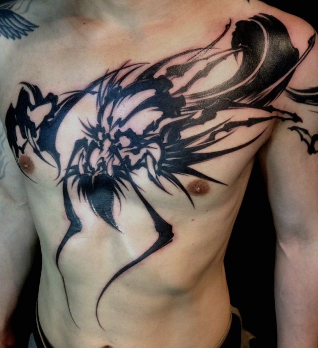 肩,胸,龍,ブラック＆グレイ,ブラック＆グレー,烏彫り,ブラック＆グレイタトゥー/刺青デザイン画像