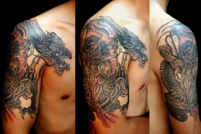 肩,龍,人物,ブラック＆グレータトゥー/刺青デザイン画像