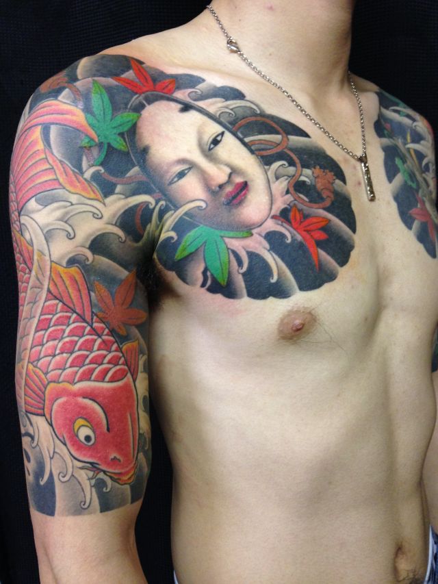 腕,胸,鯉,面,能面,お面,カラータトゥー/刺青デザイン画像