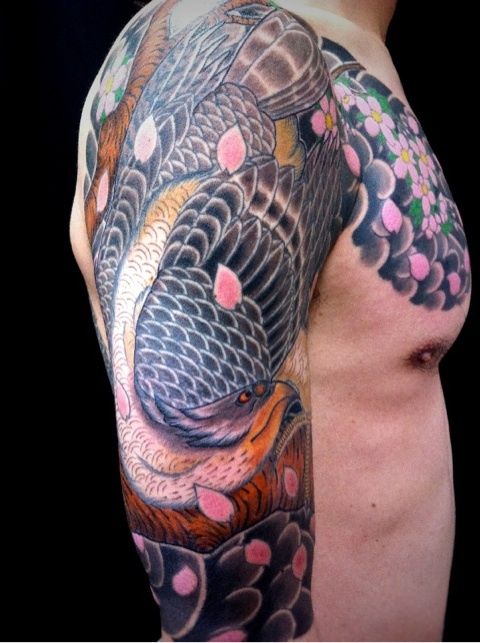 鷹,腕,桜,太鼓,五分袖,鳥,動物,花タトゥー/刺青デザイン画像