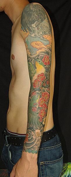 十分袖,鳥,梅タトゥー/刺青デザイン画像