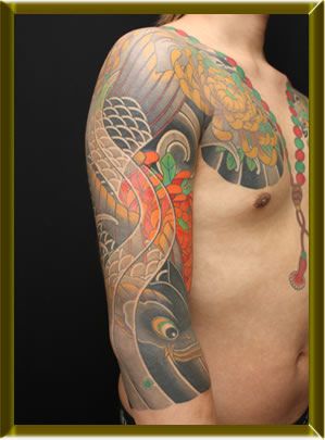 太鼓,五分袖,鯉,牡丹タトゥー/刺青デザイン画像