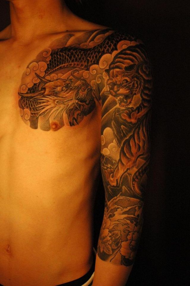 虎,龍,牡丹,七分袖,太鼓,動物タトゥー/刺青デザイン画像