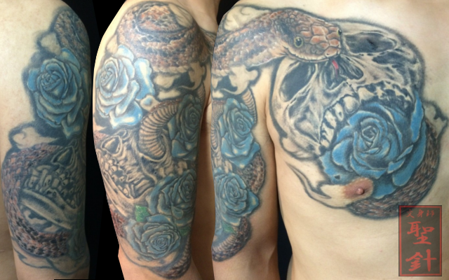 腕,胸,大蛇,蛇,薔薇,スカル,ポートレート,リアルスティック,カラータトゥー/刺青デザイン画像