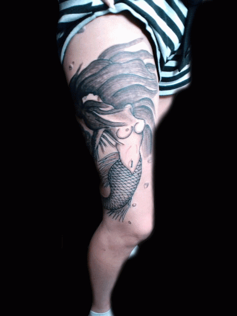 女性,人魚,ブラック＆グレータトゥー/刺青デザイン画像