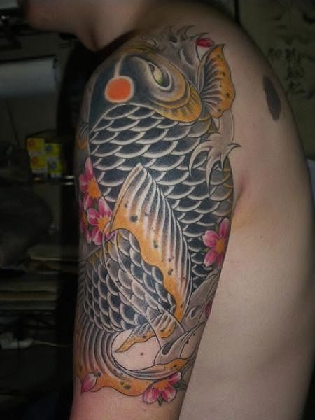 腕,肩,男性,鯉,フラワー,桜,花,カラータトゥー/刺青デザイン画像