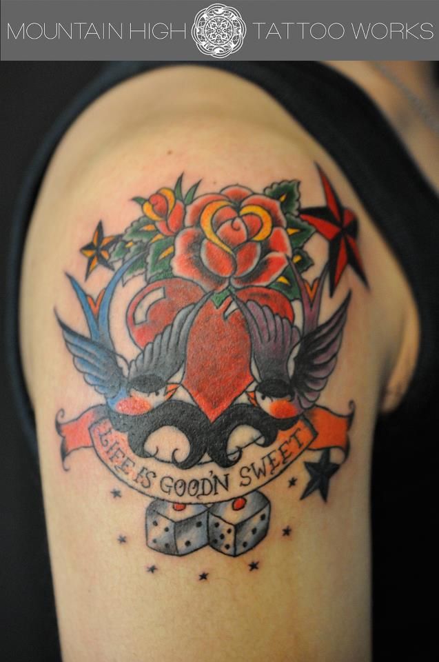 薔薇,鳥,カラー,文字,腕タトゥー/刺青デザイン画像