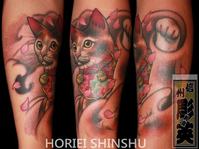 腕,招き猫,カラータトゥー/刺青デザイン画像