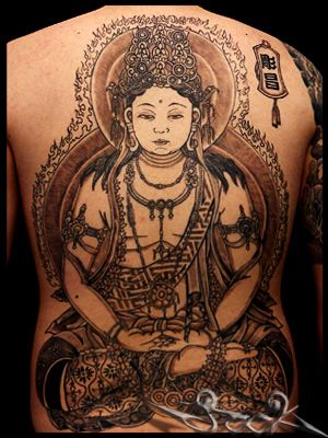 背中,男性,神仏,仏陀,カラス彫り,ブラック＆グレイ,ブラック＆グレー,烏彫りタトゥー/刺青デザイン画像