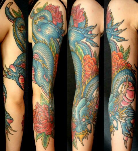 腕,女性,牡丹,龍,カラータトゥー/刺青デザイン画像