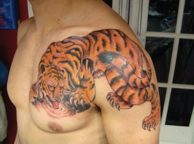 虎,腕,カラー,五分袖,太鼓タトゥー/刺青デザイン画像