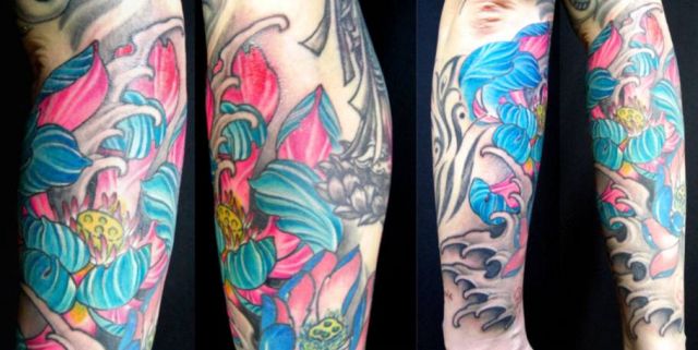 腕,蝶,フラワー,カラータトゥー/刺青デザイン画像