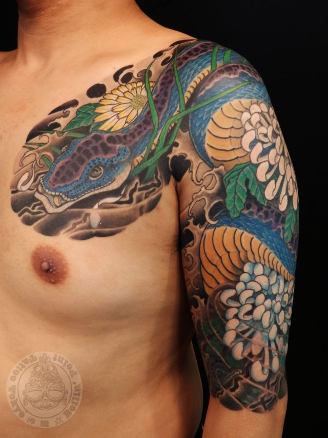 腕,胸,蛇,菊,五分袖,額彫り,カラー,青,カラフルタトゥー/刺青デザイン画像