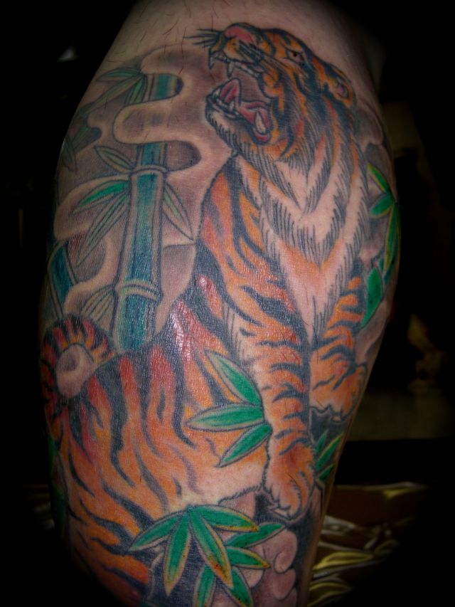 虎,足,額,竹,動物タトゥー/刺青デザイン画像