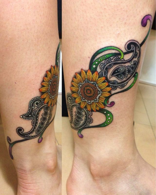 足,足首,ひまわり,カラー,カラフルタトゥー/刺青デザイン画像