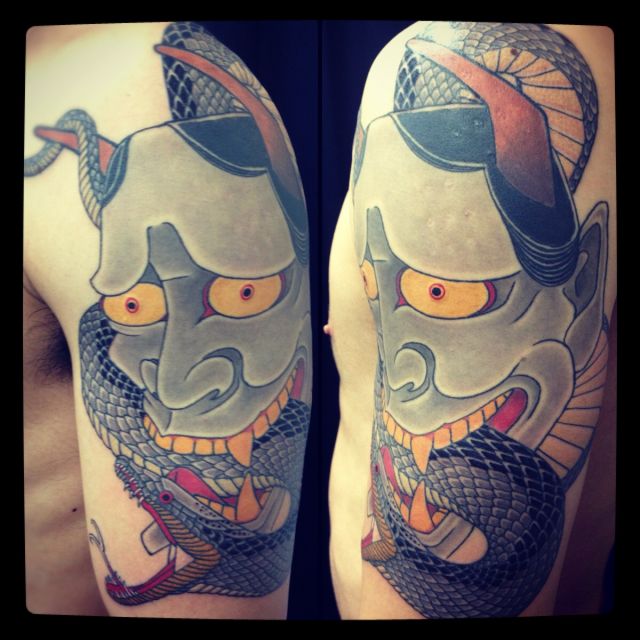 腕,蛇,般若タトゥー/刺青デザイン画像