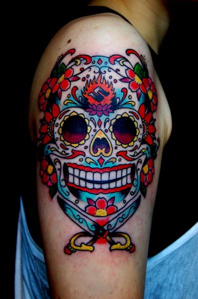 肩,メキシカンスカルタトゥー/刺青デザイン画像