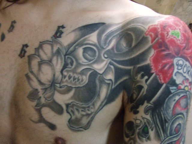 スカル,腕,カラー,薔薇タトゥー/刺青デザイン画像