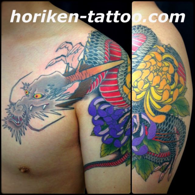 龍,牡丹,カラー,腕タトゥー/刺青デザイン画像