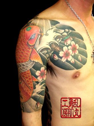 鯉,腕,太鼓,五分袖,桜,花タトゥー/刺青デザイン画像