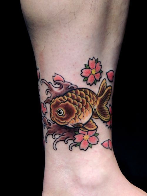 金魚,桜,カラー,足タトゥー/刺青デザイン画像